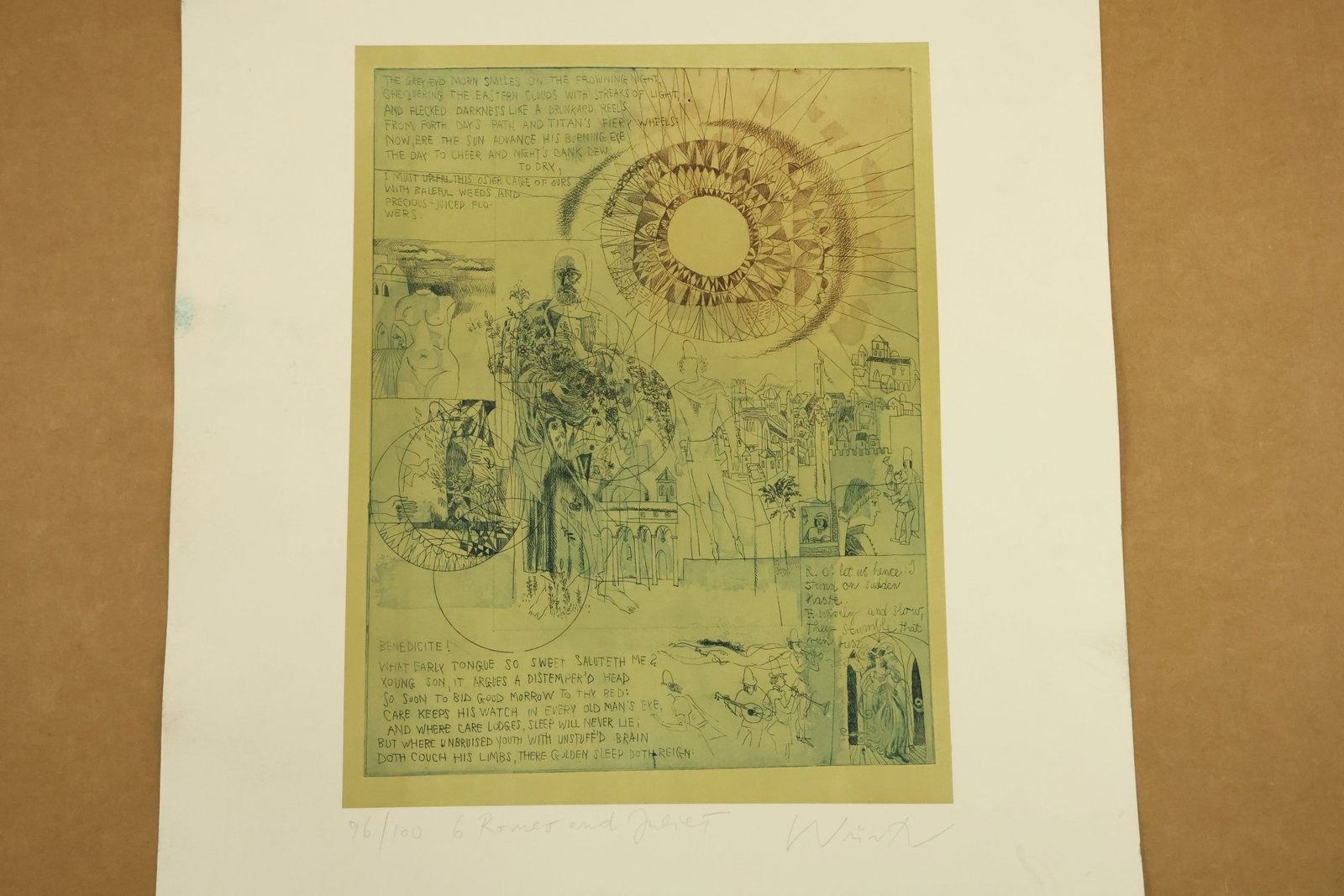 Romeo and Juliet 6 Signed Color Print Numbered 96/100: Color print on paper featuring a large radiating circular motif above small figures buildings and passages of literary text. Muted green and brown fields sit within cream margins. The lower margin rea