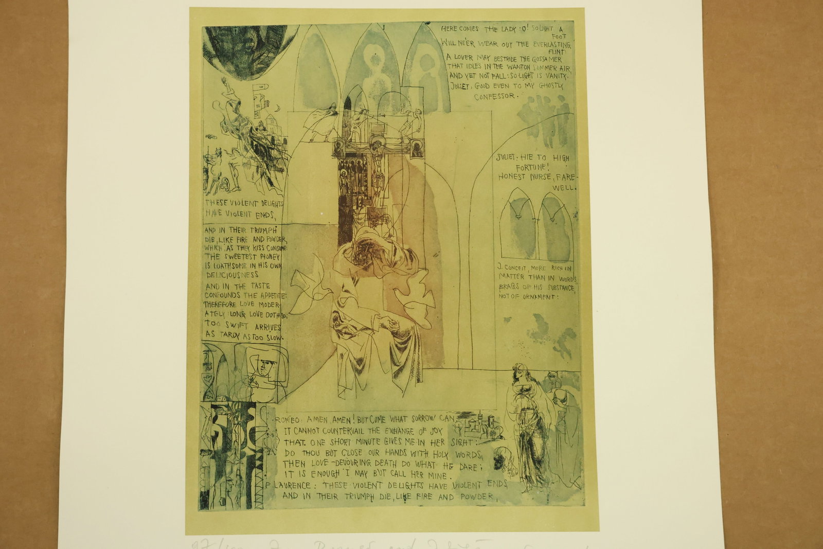 Romeo and Juliet 7 Signed Color Print Numbered 97/100: Color print on paper combining a central pair of figures architectural arches and text blocks in green and brown. Smaller narrative details frame the main scene. Inscribed 7 Romeo and Juliet and 97/10
