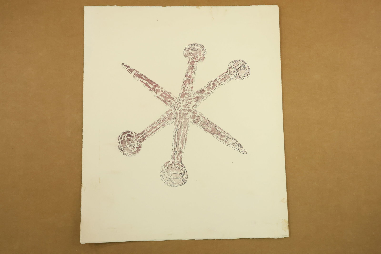 Purple Jack Motif Print Attributed to Peter Passuntino: Print on cream paper depicting a single enlarged jack game piece in muted purple. Rounded ends and two pointed arms radiate from a central crossing with fine irregular lines describing the surface. Un