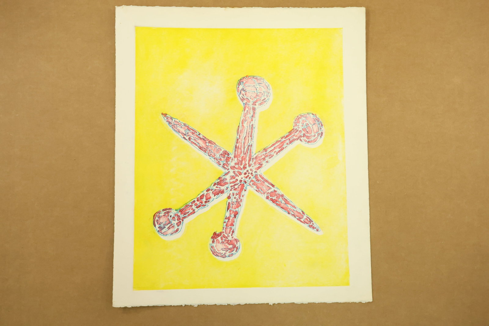 Red Jack on Yellow Color Print Attributed to Peter Passuntino: Color print on paper showing a red and pale blue jack game piece against a bright yellow rectangular field. Fine broken lines fill the rounded ends and crossing arms. Unsigned in the supplied views an
