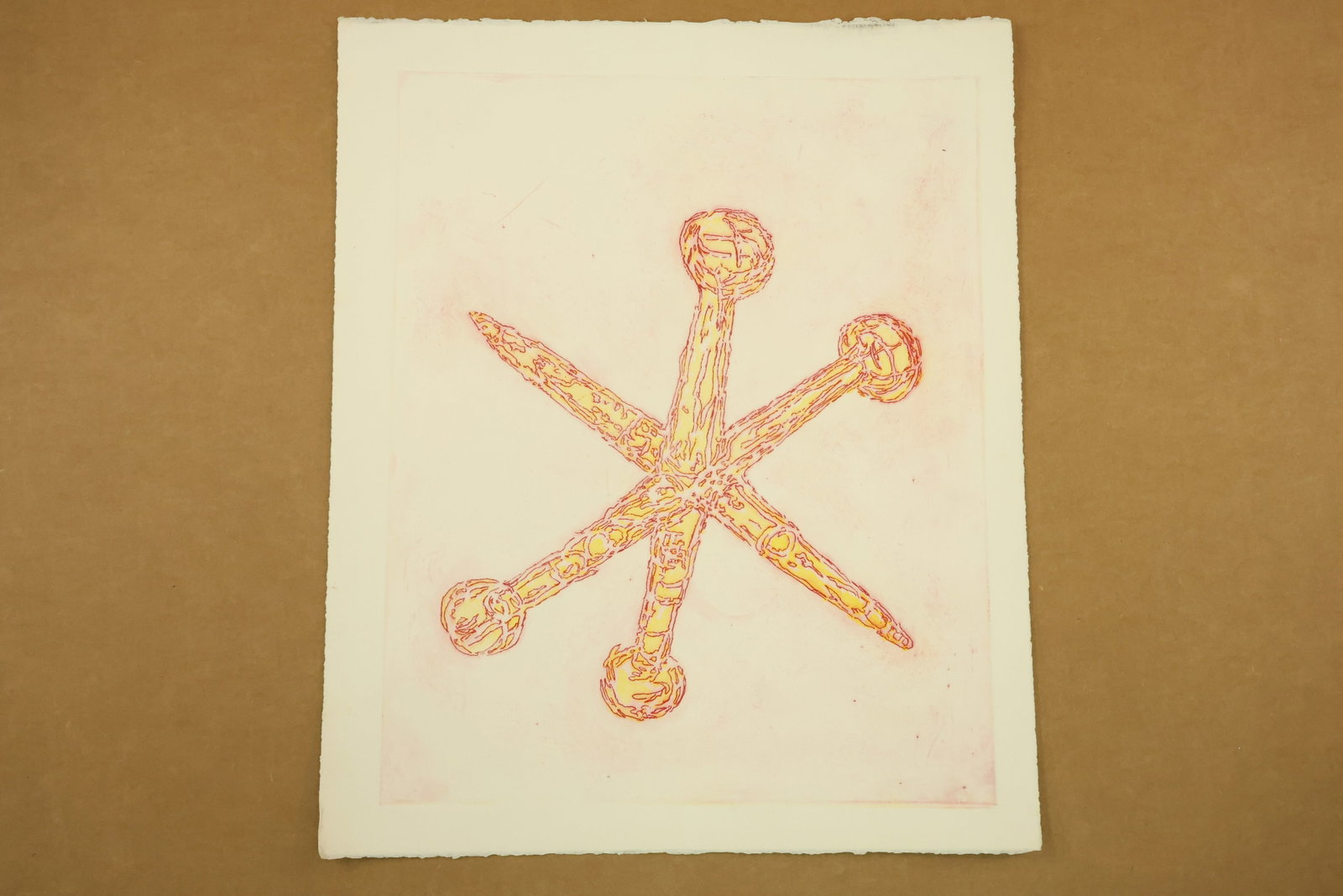 Red and Yellow Jack Motif Print Attributed to Peter Passuntino: Color print on paper with a yellow jack game piece outlined and patterned in red. The isolated motif has four rounded terminals and two pointed ends against a pale ground. Unsigned in the supplied vie
