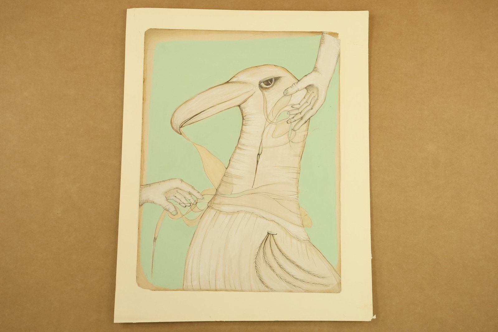 Surreal Bird Head and Hands Work on Paper (1 of 5)