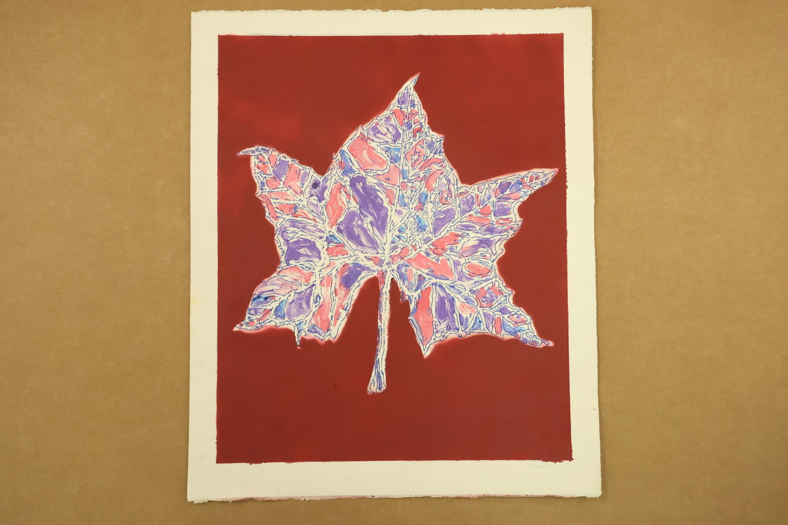 Multicolor Leaf on Red Print Signed Passuntino: Color print on paper depicting a single lobed leaf with blue purple and pink internal patterns against a dark red rectangular field. Pale vein like lines spread from the center into the pointed lobes.