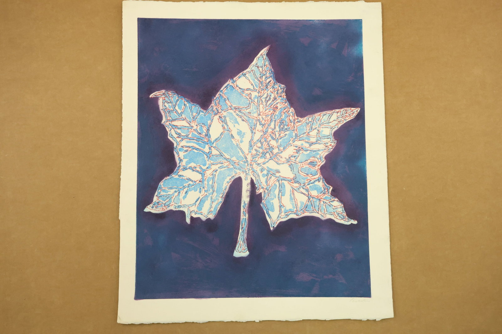 Blue Leaf on Dark Blue Print Signed Passuntino: Color print on paper with a pale blue lobed leaf filled with pink and darker linear patterns against a deep blue and purple ground. A slender stem extends below the leaf. Signed Passuntino in the lowe