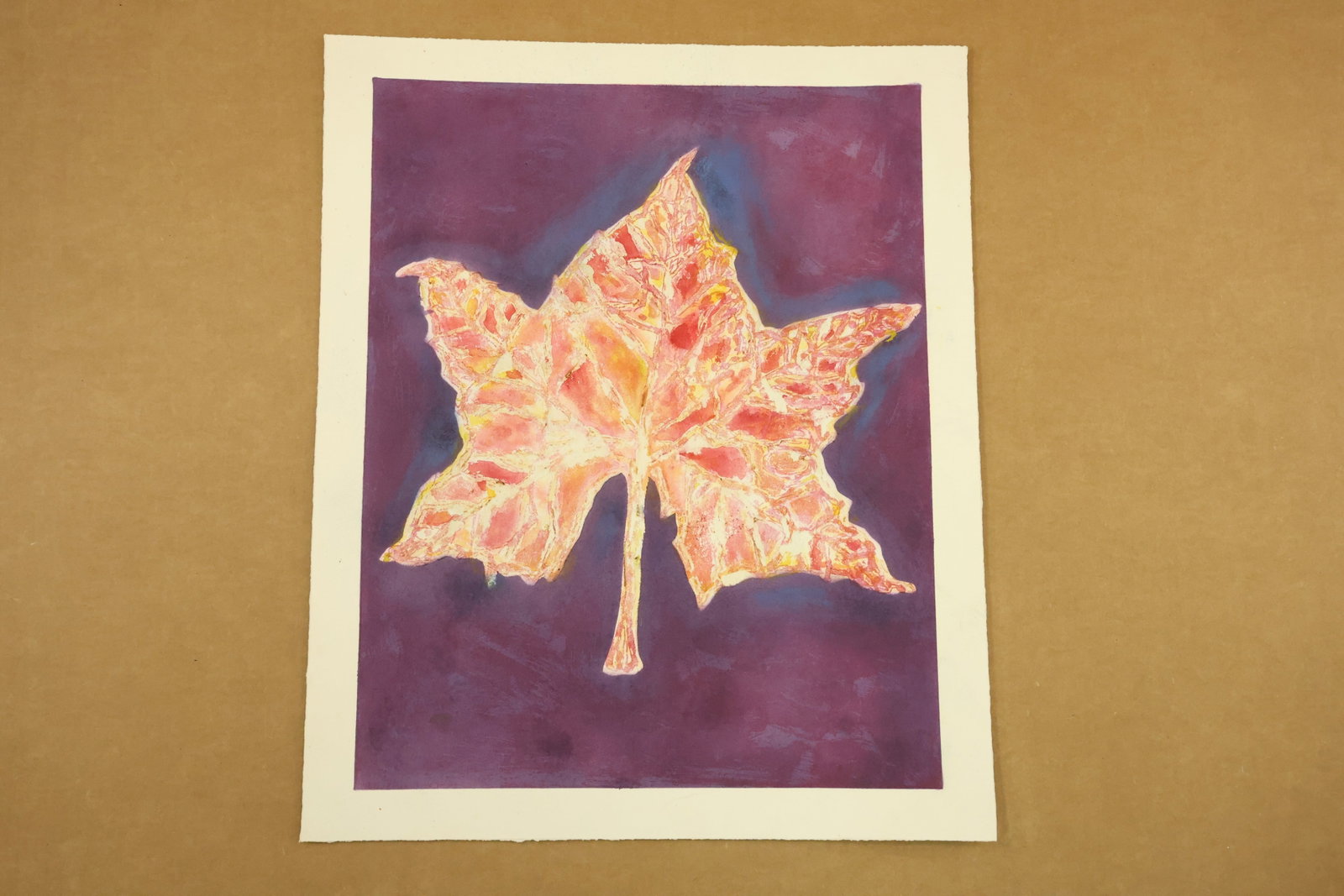 Orange Leaf on Purple Print Attributed to Peter Passuntino: Color print on paper depicting a lobed leaf in orange red and yellow against a mottled purple ground. Fine pale branching lines describe the veins and irregular internal shapes. Unsigned in the suppli