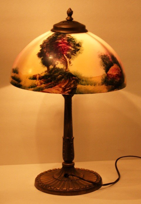 PITTSBURGH LAMP, OBVERSE SCENIC GLASS SHADE 12" dia.: Signed PLB & G CO. [PITTSBURGH LAMP BRASS & GLASS CO.] OBVERSE SCENIC GLASS SHADE TABLE LAMP, 18 1/2" height, 12" diameter shade, 7 1/4" diameter base.