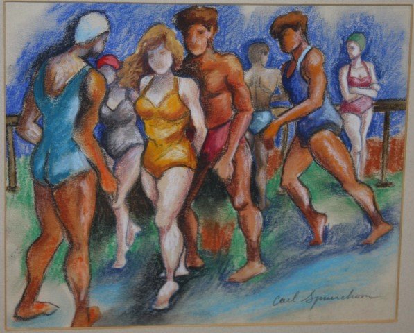 CARL SPRINCHORN, 1887-1971, pastel, BEACH FIGURES: CARL SPRINCHORN, 1887-1971 AMERICAN ARTIST, pastel, MODERNISM BEACH FIGURES, signed lower right: Carl Sprinchorn. Dimensions: image size 8 3/4" x 10 3/4", outer frame size is 18 1/2" x 22 1/2"