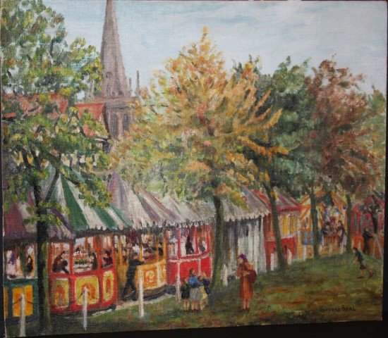 GIFFORD BEAL, 1879-1956 , oil/b, CHURCH BAZAAR: GIFFORD BEAL, 1879-1956 AMERICAN, OIL ON BOARD, CHURCH BAZAAR, Size 20" X 23" IMAGE, 24" X 27" OUTER FRAME.