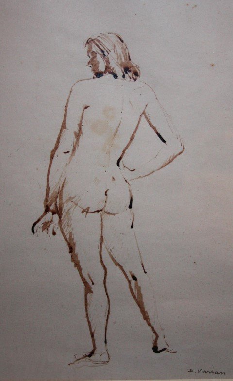 DOROTHY VARIAN, 1895-1985, SKETCH OF NUDE FEMALE: DOROTHY VARIAN, 1895-1985 American artist, INK SKETCH OF NUDE FEMALE, signed D. VARIAN, on back is written provenance SEE PICS, excellent original condition, framed; image size: 13" x 8"; outer frame