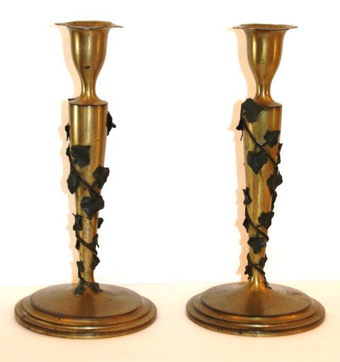 Pair signed PAIRPOINT BRASS CANDLESTICKS applied VINE: Pair signed PAIRPOINT #B6138 BRASS CANDLESTICKS with applied VINE decoration, measures 12" height, 6" diameter base, very good condition, original patina finish.