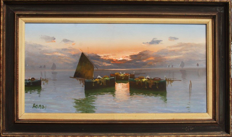 signed BARDI - Italian oil on canvas BOATS UNDER SUNSET: signed BARDI - fabulous Italian oil on canvas, BOATS IN BAY UNDER THE SUNSET , very good original condition, original frame, Dimensions: image size 15" x 30"; outer frame size 22 1/2" x 37 1/2