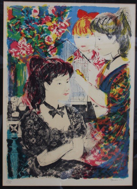 EMILE [EMILIO] GRAU-SALA, signed & numbered 64/180: EMILE [EMILIO] GRAU-SALA, signed & numbered 64/180, THREE GIRLS AROUND BIRDCAGE, orig frame , very good original condition, LITHOGRAPH , #64 / 180; Signed, Dimensions: image size 22" x 15 1/2"; outer 