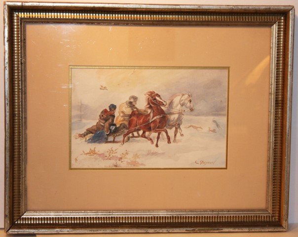 C. STOJAROW, Russian Artist w/c MEN ON HORSE DRAWN SLED: fine quality vintage watercolor painting of MEN ON A HORSE DRAWN SLED IN WINTER, Signed: C. STOJAROW, a Russian Artist; older frame, matted and under glass.., Very Good Condition; Dimensions: image si