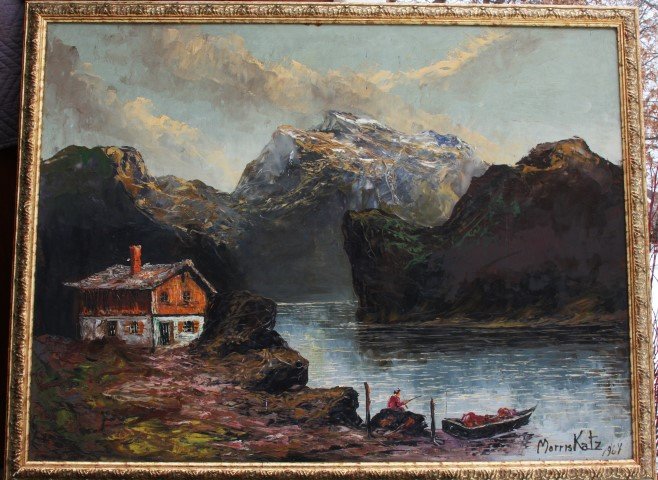 MORRIS KATZ 1964, Important Large Painting, CHALET ALPS: MORRIS KATZ 1964, Listed Jewish-American Artist, Important large early work, acrylic on board, CHALET IN ALPS, FISHERMAN, original frame. Very Good Condition, on top edge 2 spots where mails worn thro