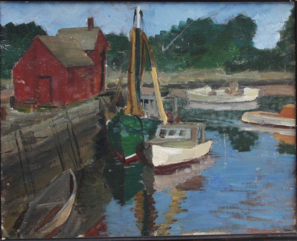 RICHARD BASSET, 1950's oil/b, MAINE BOATS 1955: RICHARD BASSETT, 1950's oil on board, titled MAINE BOATS 1955, very good condition, original frame; Measures: image 16" x 20", outer frame 21" x 25"