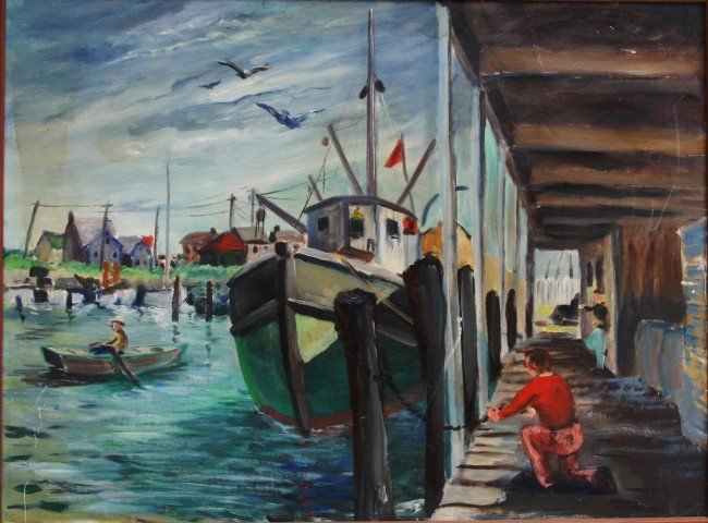 DAVID LEHMAN, Allentown Pa artist; oil, FISHING DOCKS: DAVID LEHMAN, Allentown Pa artist, oil/b, FISHING DOCKS, very good condition, original frame, Measures: image 18" x 24", outer frame 24" x 30"