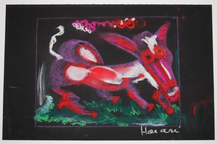 HANANIAH HARARI 1912-2000, Listed New York ABSTRACT DOG: signed HARARI; Artist is HANANIAH HARARI, 1912-2000 New York, ABSTRACT PASTEL of DOG, very good original condition, SEE PICS, no frame; image size: 12 3/4\" x 19 1/2\"; , --- This artist is WELL LISTE