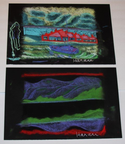 HANANIAH HARARI 1912-2000, Listed New York ABSTRACT 2pc: signed HARARI; Artist is HANANIAH HARARI, 1912-2000 New York, ABSTRACT PASTEL of TWO LANDSCAPES, very good original condition, SEE PICS, no frame; image size: 12 3/4" x 19 1/2"; , ----. This artist is