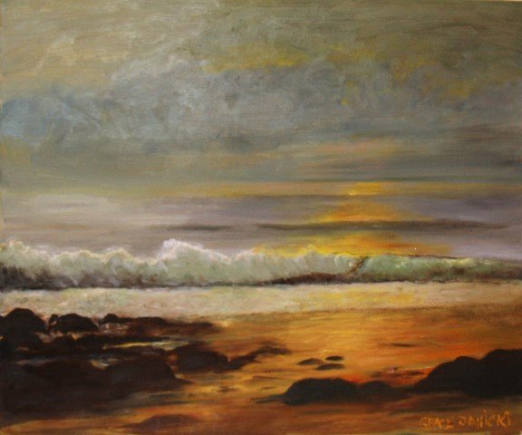 GRACE JANICK, oil/b QUALITY SEASCAPE, CRANSTON RI: GRACE JANICK, oil/b QUALITY SEASCAPE, titled on back: "GOLDEN DREAMS", CRANSTON, RHODE ISLAND; Measures: image 20" x 24", no frame