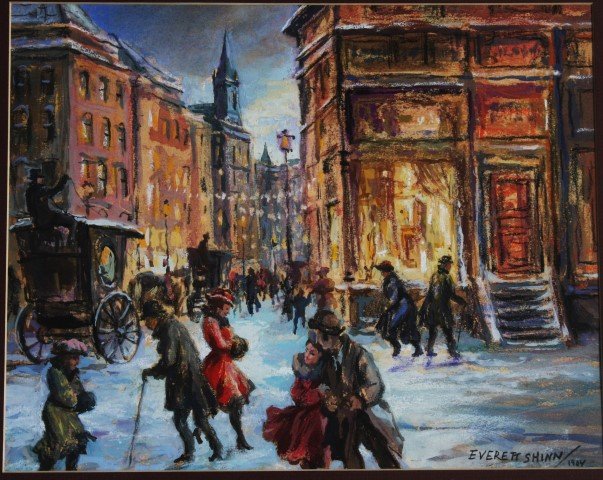 EVERETT SHINN 1904, gouache NEW YORK CITY busy street: EVERETT SHINN 1904, gouache NEW YORK CITY scene with carriage, figures, busy street , very well done, bears signature on lower right: Everett Shinn 1904, mounted in an ornate oak and gesso antique wid