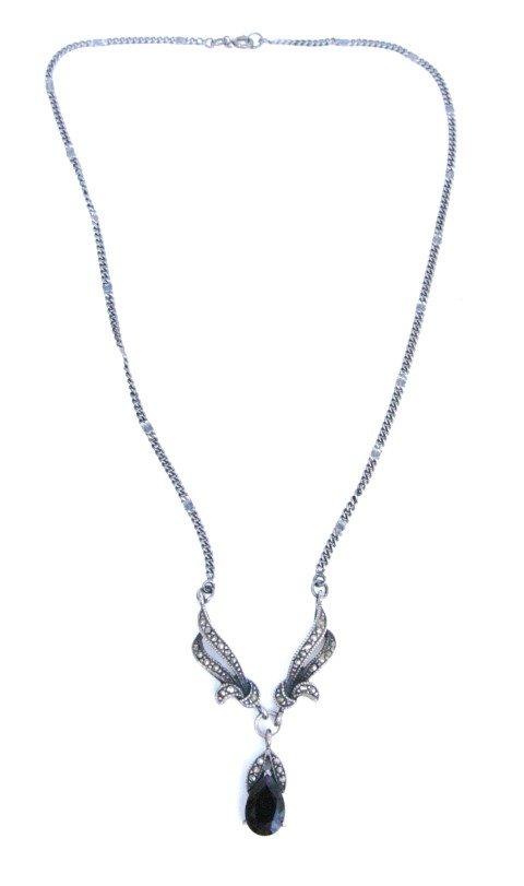 vintage Sterling, Black Onyx & Marcasite NECKLACE: vintage Sterling, Black Onyx & Marcasite NECKLACE, 17 inch chain, 1 x 2 pendant, excellent quality