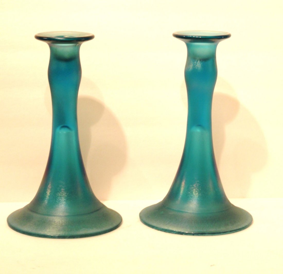Pair vintage Blue Stretched Glass Candlesticks 8 inches: Pair vintage Blue Stretched Glass Candlesticks, 8 inches height, 5 inch diameter base, very good condition on both.