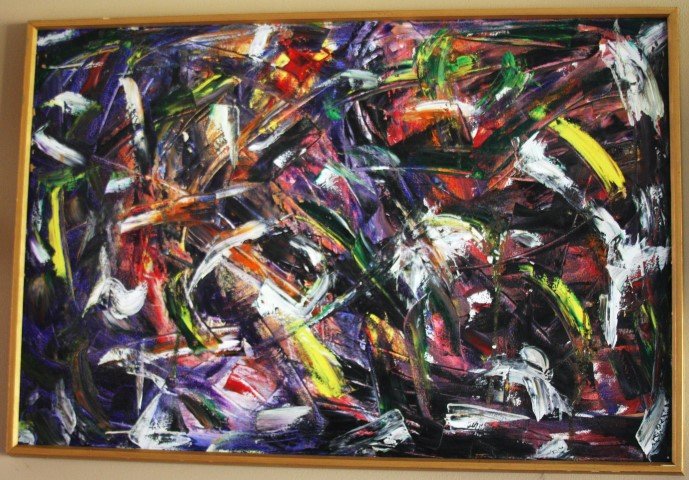MICHAEL GOLDBERG [unsigned, attributed] o/c Abstract: MICHAEL GOLDBERG 1924-2007, unsigned, attributed to, oil on canvas, Colorful Abstract, image size 24 in. by 30 in., framed