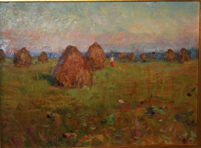 RUSSIAN LANDSCAPE, signed verso, o/b, Hay Bales Field (1 of 6)