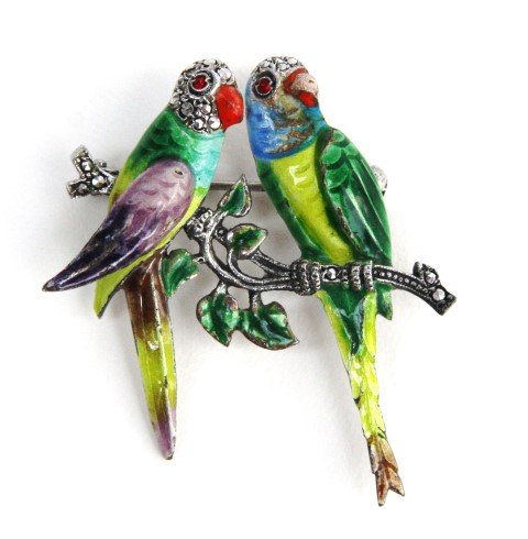 Two Parrots on Branch Sterling silver & enamel brooch (1 of 3)