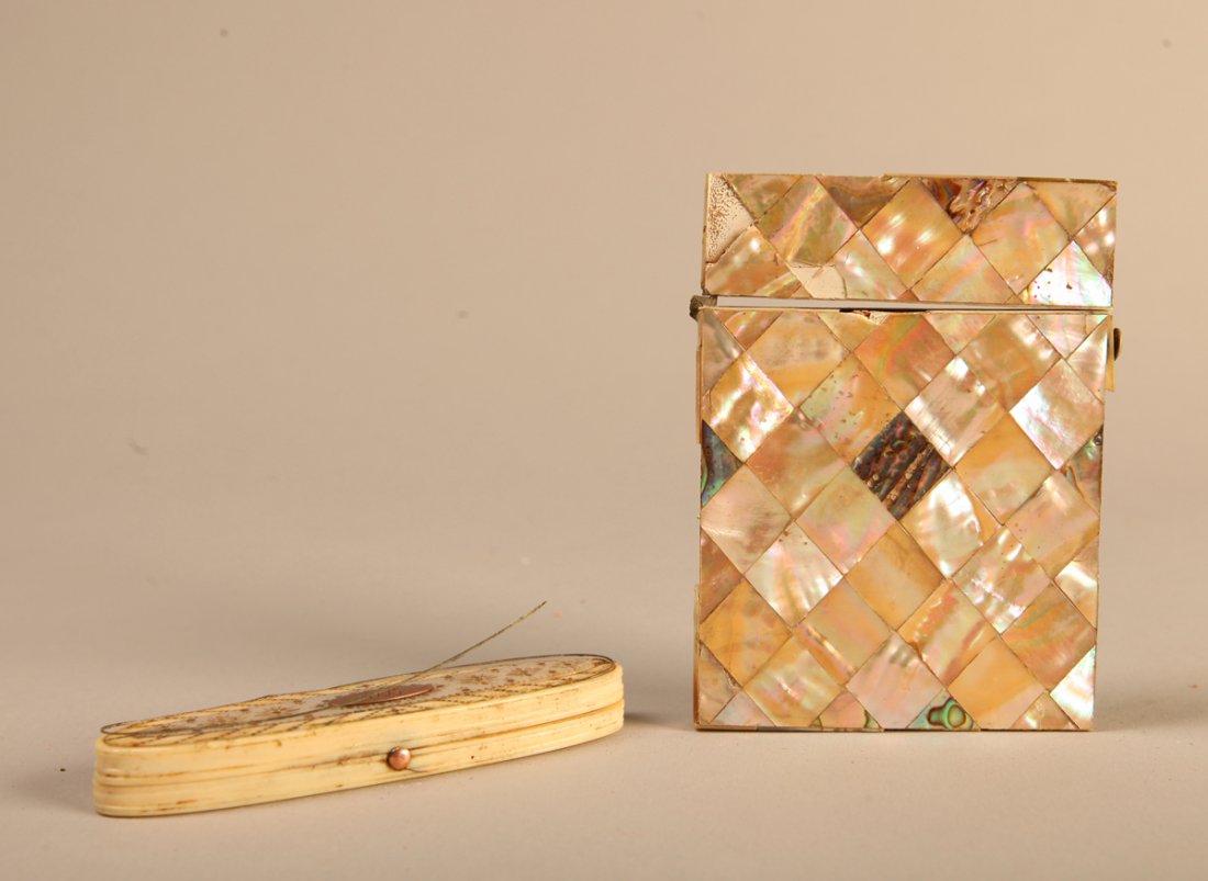 Victorian MOP Card Case & Needle Box: Includes a diamond cut Mother-of-Pearl, once hinged card case and with losses to the sides, top and bottom. Together with a carved bone, Mother-of-Pearl and copper monogrammed needle case with top ban