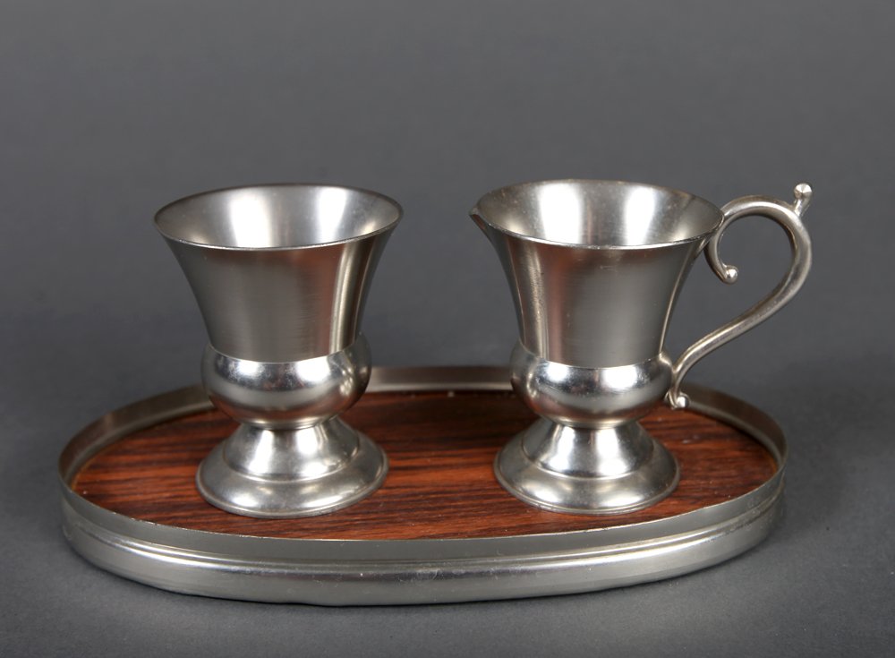 Bisco Holland Pewter Cream, Sugar and Underplate: Faux woodgrain underplate, each piece marked Bisco. Creamer and sugar measure about 3" H. Very good condition.