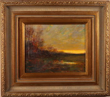 Joseph P. Grieco, Oil Painting on Board: Joseph.P. Grieco, 20th/21st C., American. Titled "Curtin Call," painted to depict a wooded landscape with closing sky. Signed and titled en verso. Framed in painted gold frame, 15" H x 17" W.