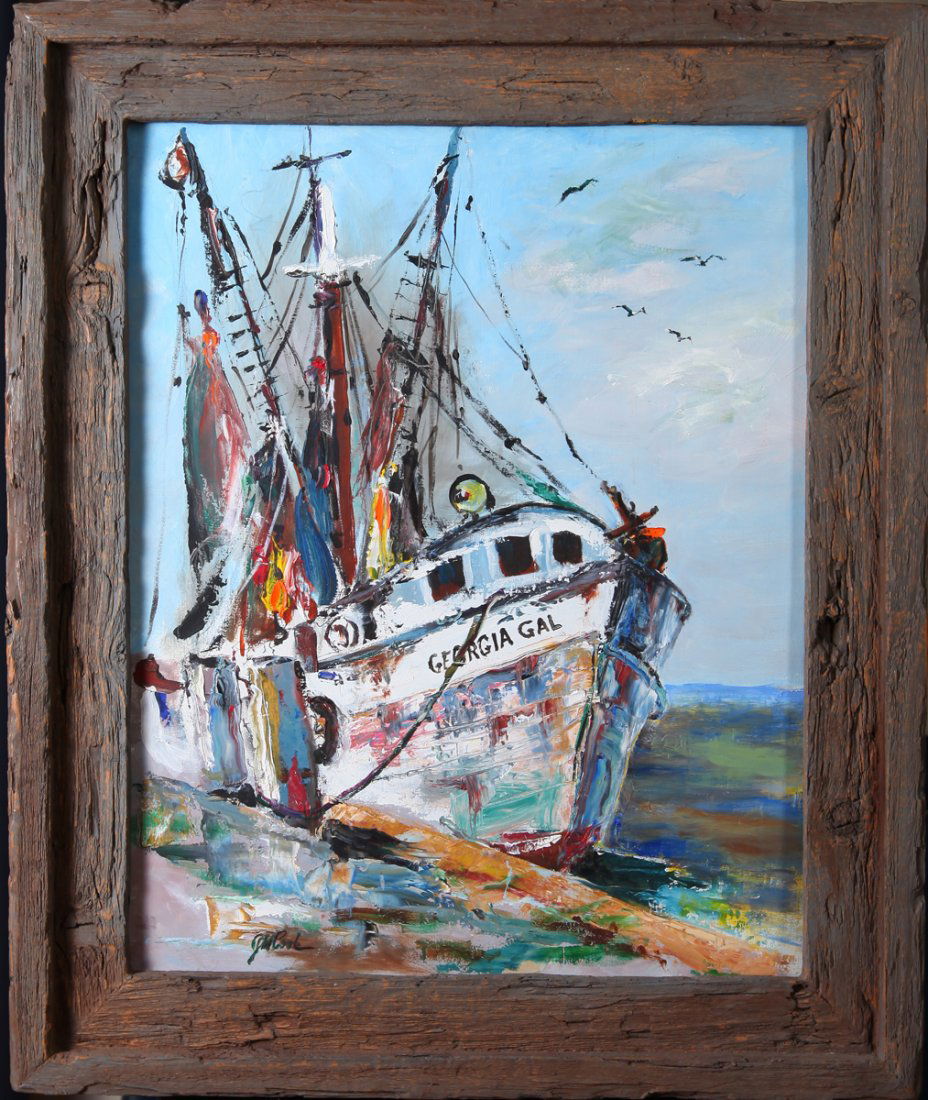 John W. Cook, Oil Painting on Panel: John Wesley Cook, 20th C., Michigan. Painted to depict a docked fishing boat titled "Georgia Gal" in multi-color. Signed in lower left. Painting measures 19.5" H x 15.5" W, sight.