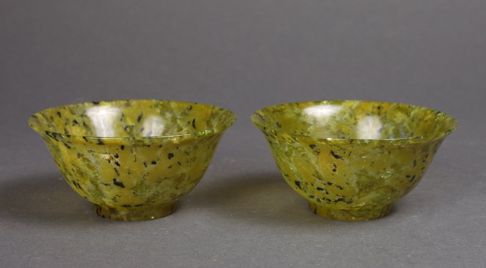 Pair of Chinese Carved Serpentine Jade Bowls (1 of 3)