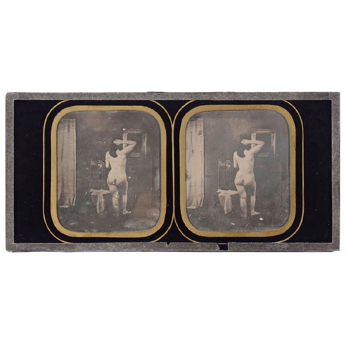 Stereo Nude Daguerreotype, c. 1845: Stereo Nude Daguerreotype, c. 1845 French professional studio photo, size 8 x 17 cm (3 1/6 x 6 ¾ in.), excellent condition. – A very beautiful daguerreotype! Akt-Stereo-Daguerreotypie, um 1845 Fran