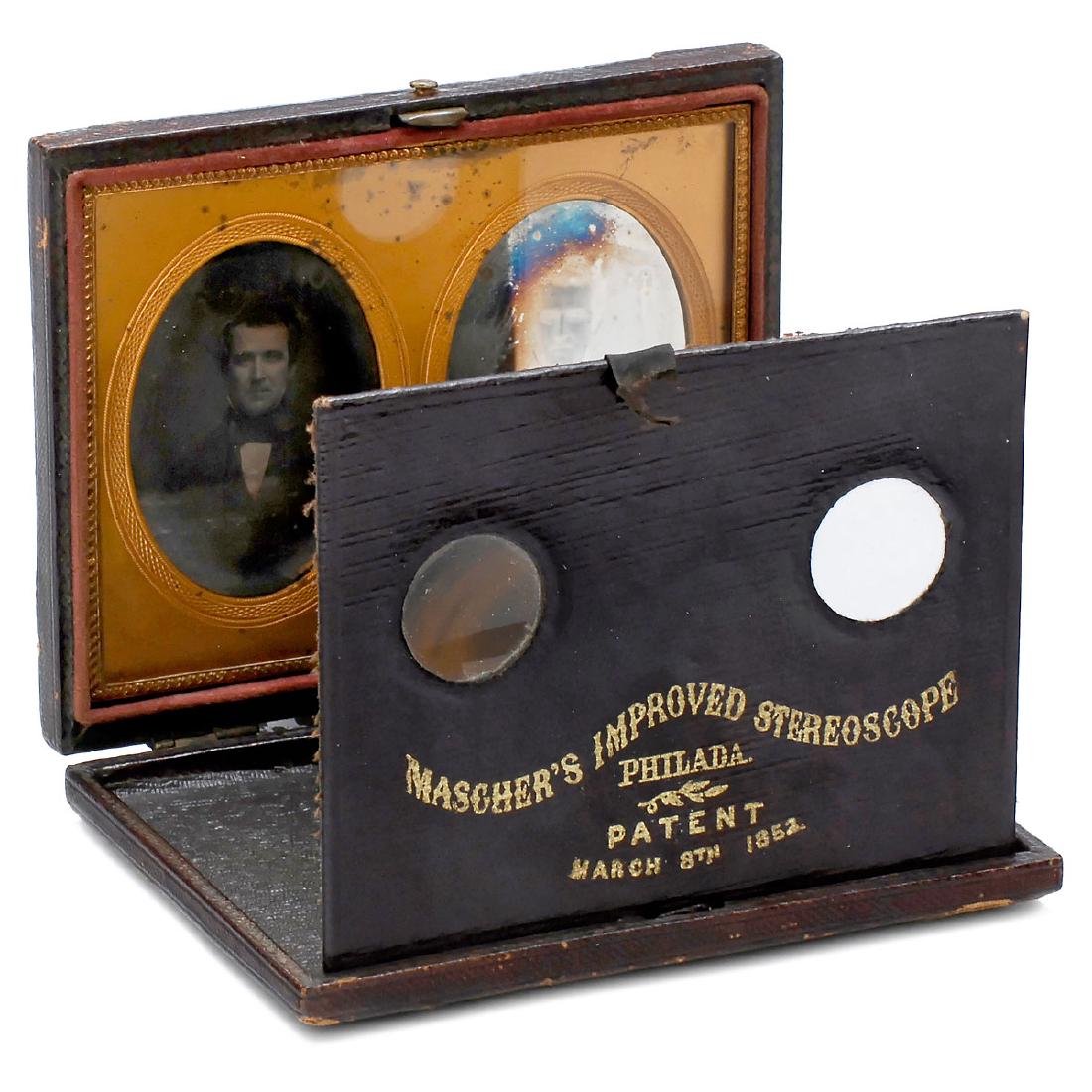 Stereo-Daguerreotype in "Mascher's Improved: Stereo-Daguerreotype in "Mascher's Improved Stereoscope" (Patent: March 8, 1852) Frederick Mascher, Philadelphia, USA. Excerpt from Paul Wing: "It was John Frederick Mascher, a 28-year-old German-born