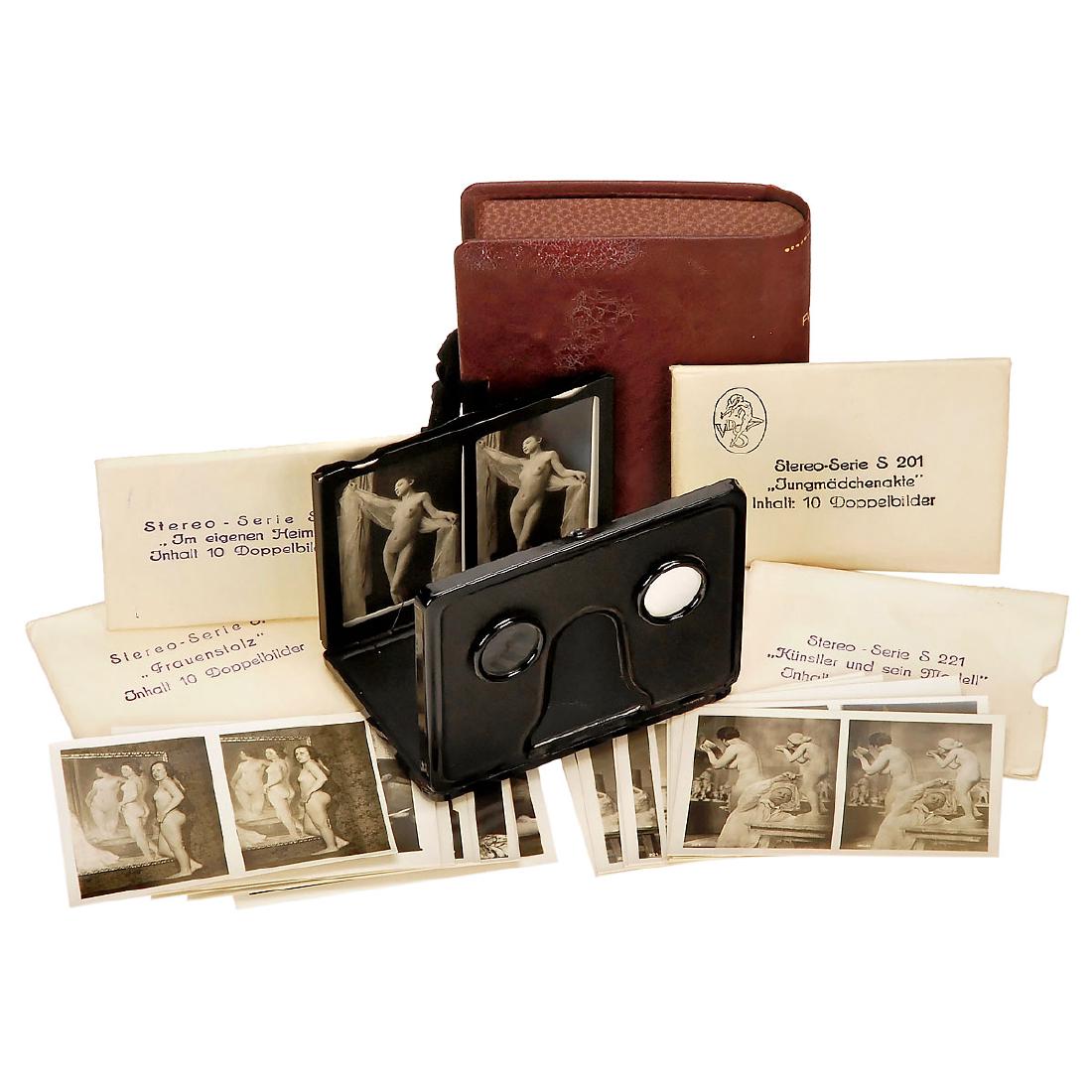 "Indupor" Stereo Viewer with Nude Pictures, c. 1923: "Indupor" Stereo Viewer with Nude Pictures, c. 1923 Carl Neithold AG, Frankfurt a.M. Folding metal stereo viewer for pictures and slides of 8,5 x 11,5 cm. With 4 stereo sets (of 10 pictures each). Nud