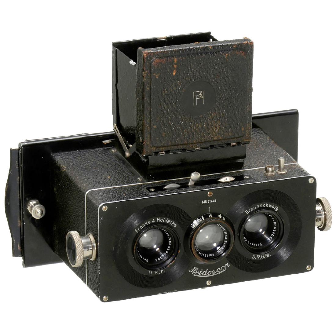 Heidoscop (Second Model) 6 x 13, c. 1926: Heidoscop (Second Model) 6 x 13, c. 1926 Franke & Heidecke, Braunschweig, stereo camera for plates and sheet film of 6 x 13 cm, image size 6 x 6 cm, lenses: Carl Zeiss Jena Tessar 4,5/7,5 cm, viewfin