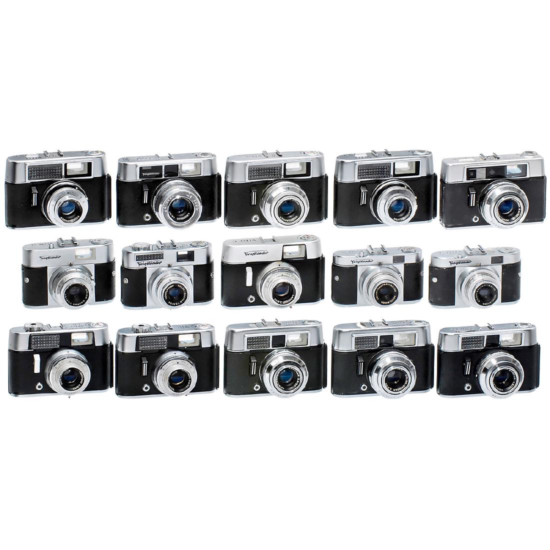 15 Mixed Vito Cameras by Voigtländer: 15 Mixed Vito Cameras by Voigtländer Voigtländer, Braunschweig. 1–3) 3 different Vito B models, Color-Skopar 3,5, 1954–57. – 4) Vito BL, 1957, Color-Skopar 3,5. – 5) Vito C, 1960, Lanthar 2