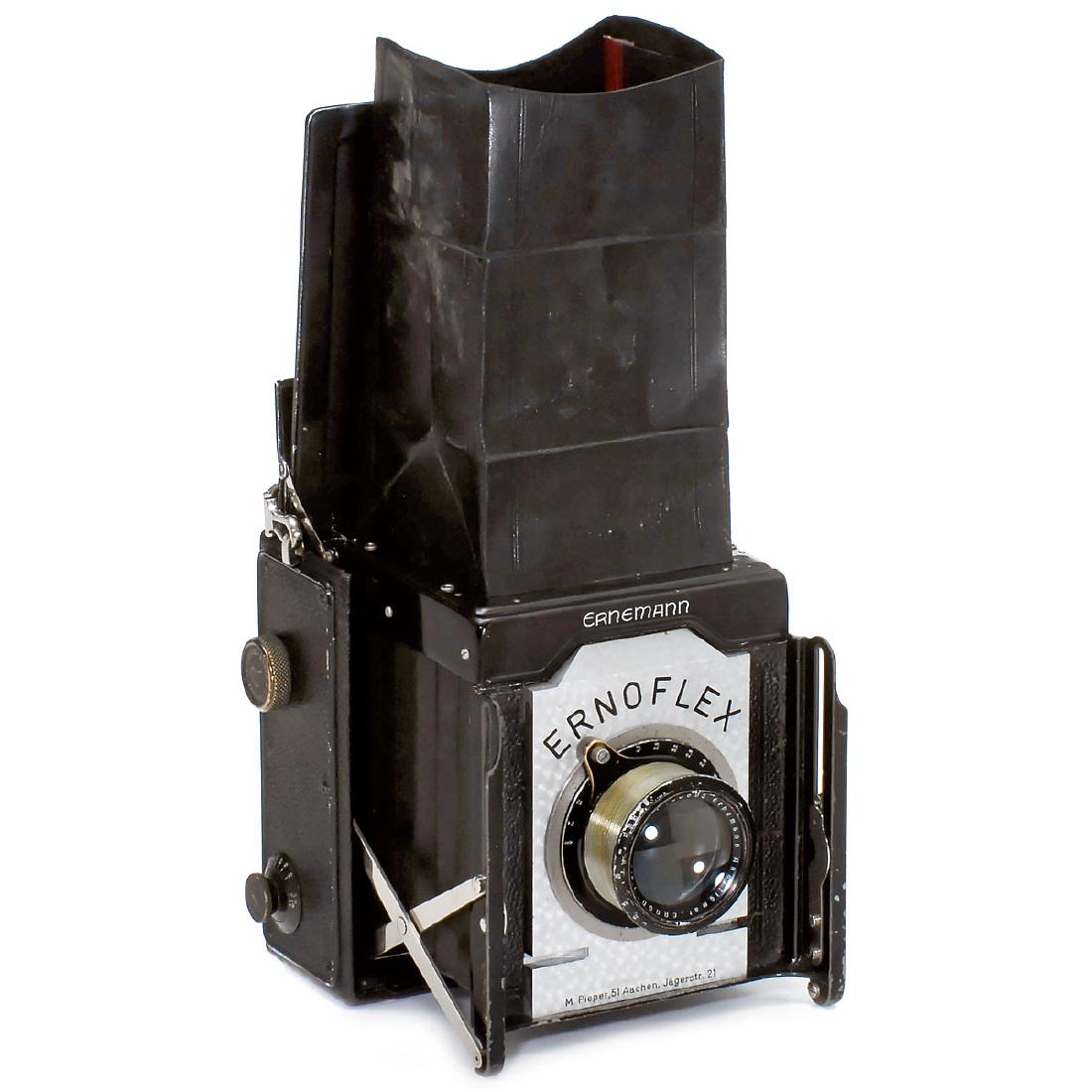 Ernoflex Mod. I (Early Version), c. 1922: Ernoflex Mod. I (Early Version), c. 1922 Ernemann, Dresden. Plate size 9 x 12 cm, serial no. 1185766, focal plane shutter 1/1500 sec. (working!), lens: Ernon 3,5/16,5 cm (no. 186895), unusual chased