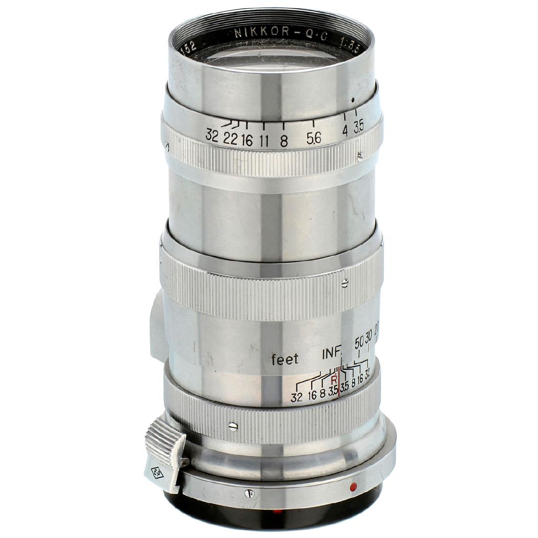 Nikkor-Q.C. 3,5/13,5 cm: Nikkor-Q.C. 3,5/13,5 cm Nippon Kogaku, Japan. Nikon/Contax bayonet, no. 258152, feet scale, rear cap. Nikkor-Q.C. 3,5/13,5 cm Nippon Kogaku, Japan. Nikon/Contax-Bajonett, Nr. 258152, Feet-Skala, R�