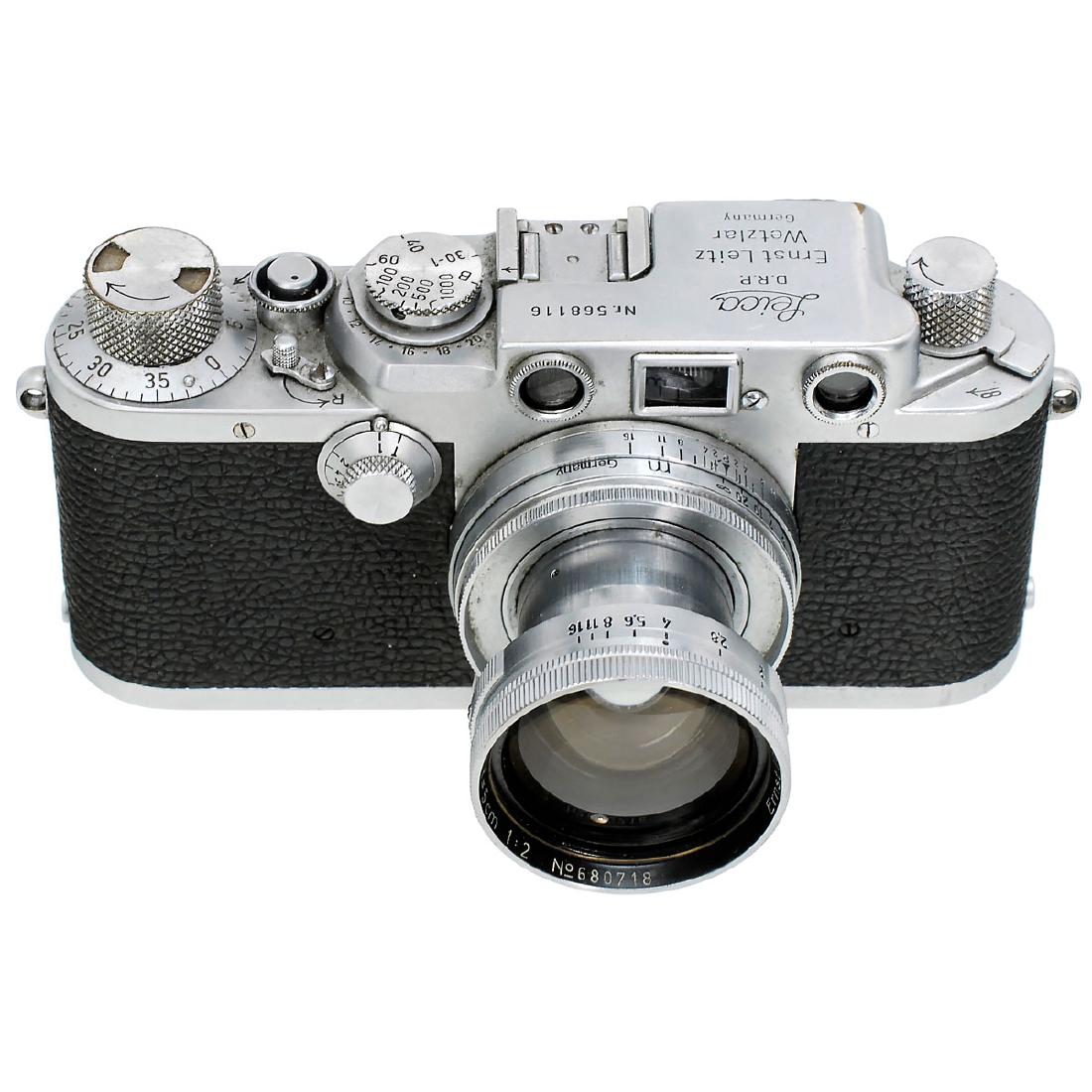 Leica IIIf with Summitar 2/5 cm, 1951: Leica IIIf with Summitar 2/5 cm, 1951 Leitz, Wetzlar. No. 568116, black-dial synchronization, version without self-timer, shutter hesitant. Summitar 2/5 cm, no. 680718, meter scale, lens cap. Leica II