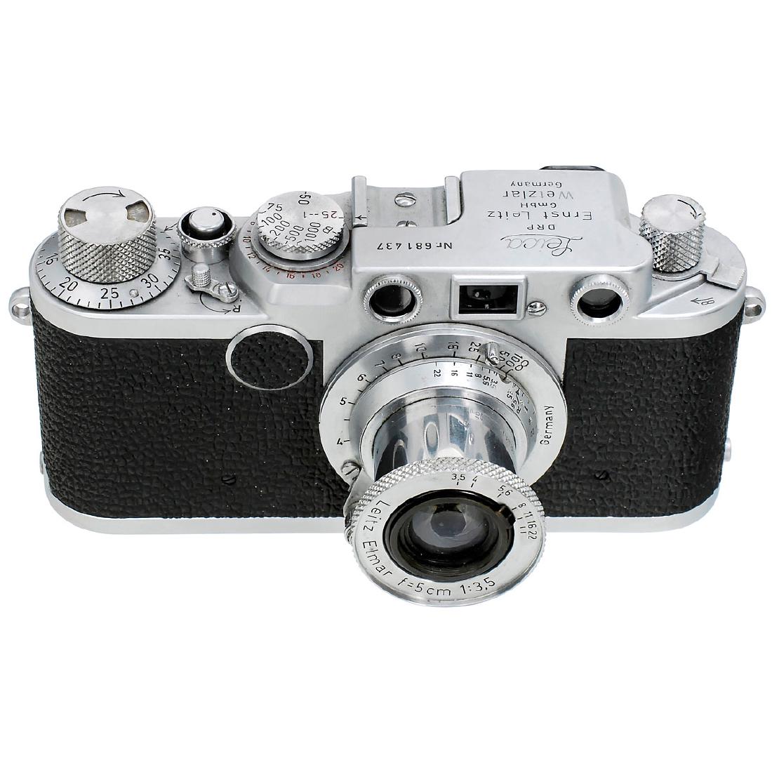 Leica IIf with Elmar 3,5/5 cm, 1954: Leica IIf with Elmar 3,5/5 cm, 1954 Leitz, Wetzlar. No. 681437, red-dial synchronization, 1/1000 sec. Elmar 3,5/5 cm, no. 708741, feet scale, long shutter speeds uneven. Leica IIf mit Elmar 3,5/5 cm, 