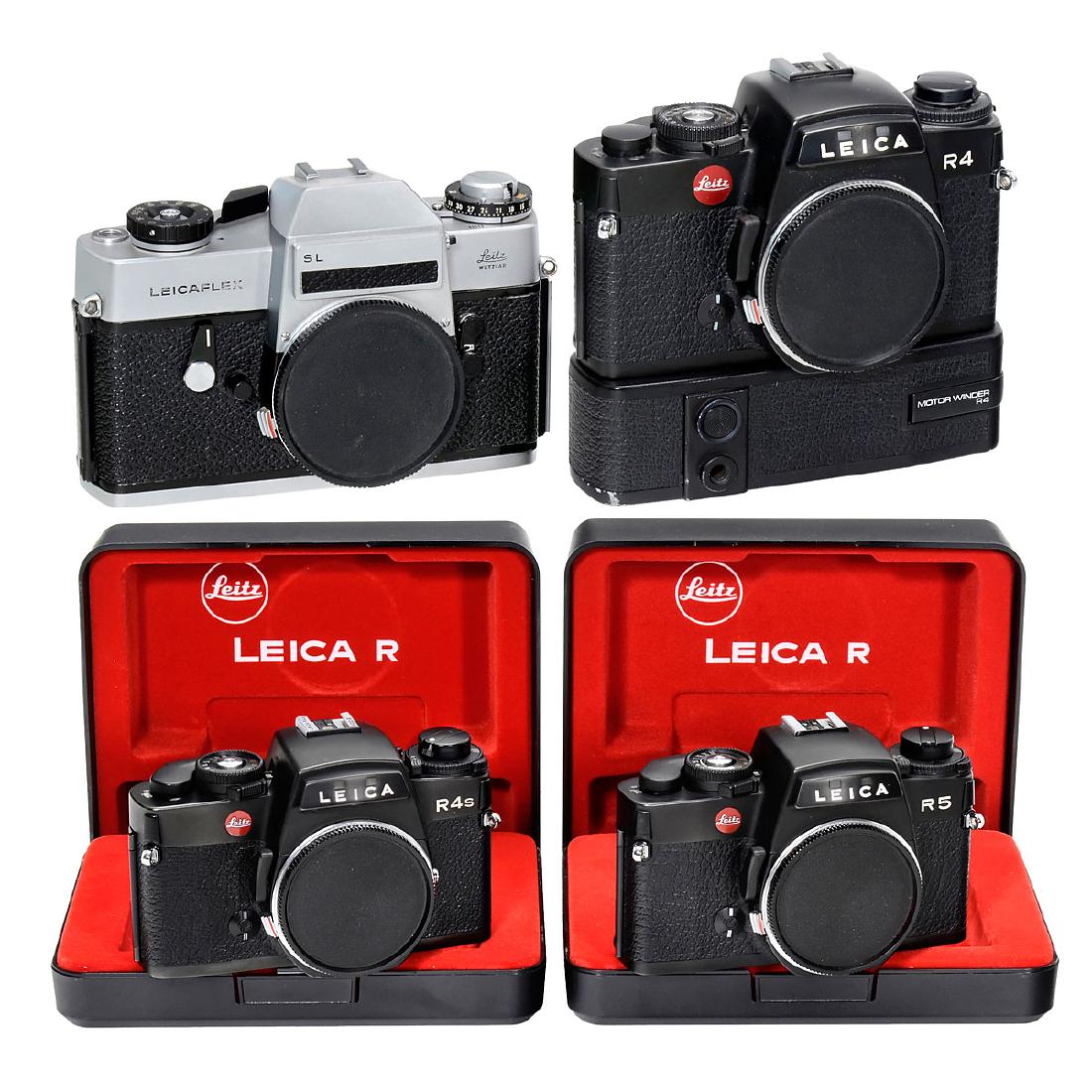 Leicaflex SL, Leica R4, R4S and R5: Leicaflex SL, Leica R4, R4S and R5 Leitz, Wetzlar. 1) Leicaflex SL, no. 1372326, with box. – 2) Leica R4, no. 1615033, with Motor Winder R4. – 3) Leica R4S Mod. 2, no. 1694218, with instructions, 