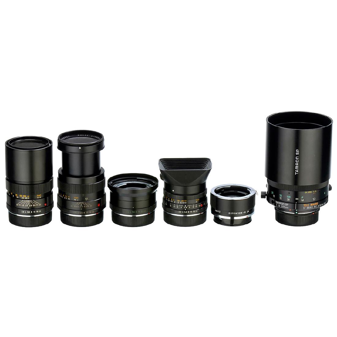 3 Leica R Lenses and more: 3 Leica R Lenses and more Leitz, Wetzlar. 1) Elmarit-R 2,8/28 mm, no. 2511245, 3-cam, with lens hood, original box and rear cap. (2+/1-) – 2) Macro-Elmarit-R 2,8/60 mm, no. 2798987, 3-cam, with macr