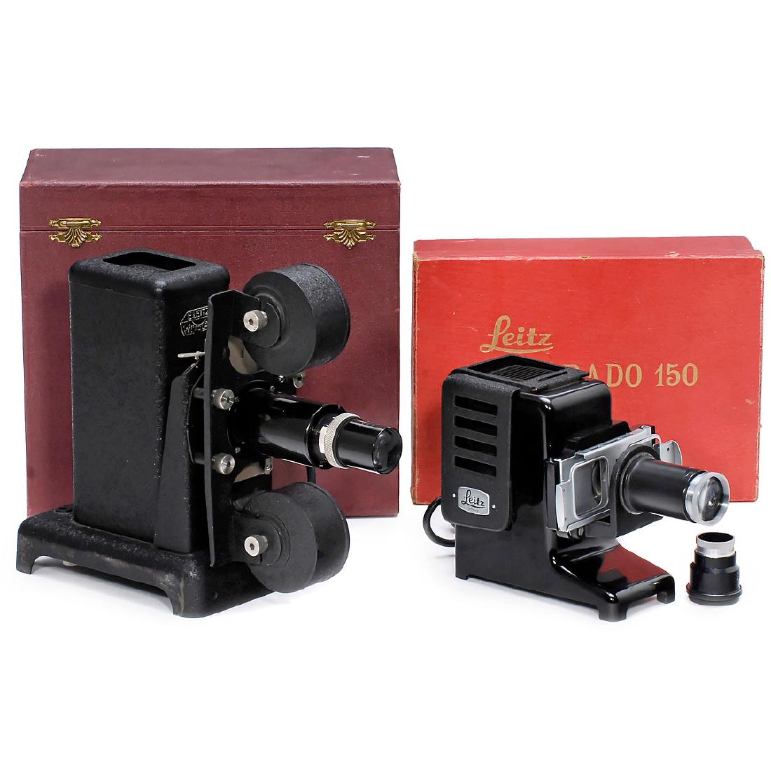 2 Leitz Slide Projectors (VIIIa and Prado 150): 2 Leitz Slide Projectors (VIIIa and Prado 150) Leitz, Wetzlar. 1) Leitz slide projector VIIIa, 1933, 24 x 36 mm, projection lens "Dimax 120", with Leica film attachment and film drum (with one film-d