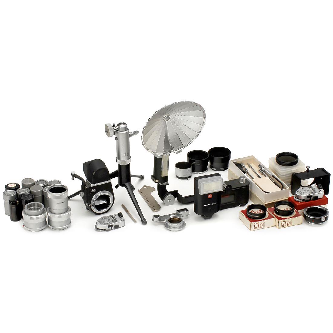 Leica Accessories for Screw, M and R: Leica Accessories for Screw, M and R Leitz. 1) Visoflex III with magnifier 4x. – 2) ELDIA copying attachment. – 3) ABLON film-trimming template (later version). – 4) ABCOO cutting knife with cas