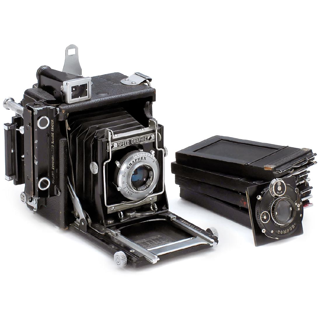 Miniature Speed Graphic, c. 1938: Miniature Speed Graphic, c. 1938 Graflex, Rochester. Plate/rollfilm, size 2 ¼ x 3 ¼ in., Graflex Optar 4,5/101 mm, shutter speeds 1–1/400 sec. (working), coupled rangefinder, with magazine type "