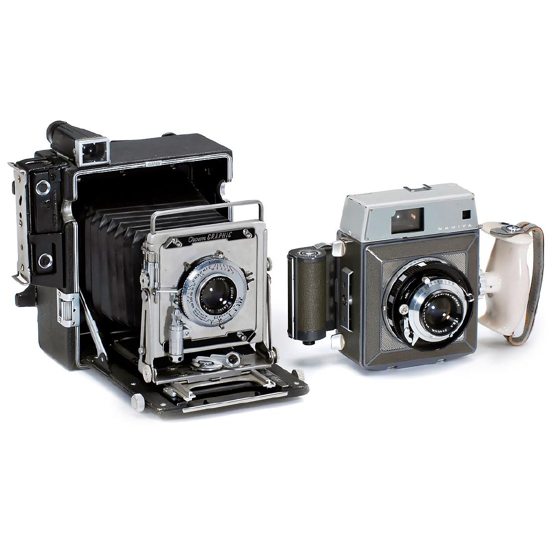 Crown Graphic and Mamiya 23: Crown Graphic and Mamiya 23 1) Graflex, Rochester. Crown Graphic 3 ¼ x 4 ¼ in., c. 1950, coupled rangefinder, Kodak Ektar 4,7/127 mm in Supermatic shutter, focusing screen back, flap needs re-mount