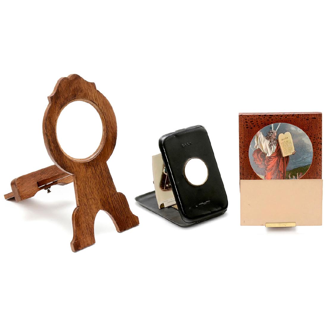 3 Viewers: 3 Viewers 1) Unmarked wooden viewer with large loupe, Ø 4 in., for pictures of approx. 13 x 18 cm (5 x 7 in.), plug-in device, height 11 2/5 in. – 2) Snapscope, presumably Ensign in London, with co